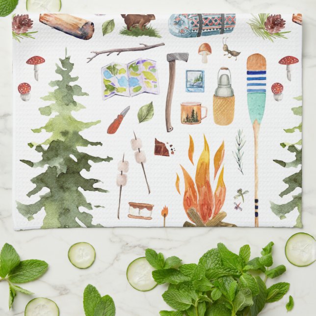 Cute Camping Pattern | Watercolor Illustrations Tea Towel (Folded)