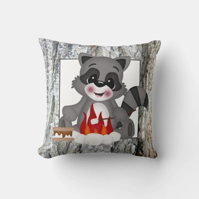 Cute Camping Racoon fun throw pillow (Front)