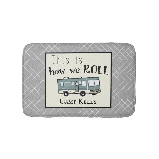 Cute Camping RV "This is How We Roll" Personalised Bath Mat (Front)