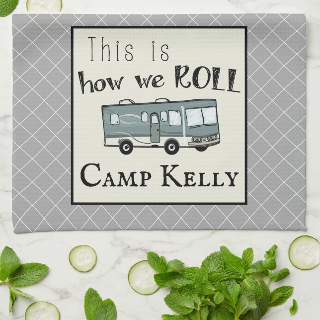 Cute Camping RV "This is How We Roll" Personalised Tea Towel (Folded)