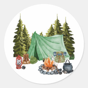 Cute Camping Theme Campfire, Tent, Forest Classic Round Sticker