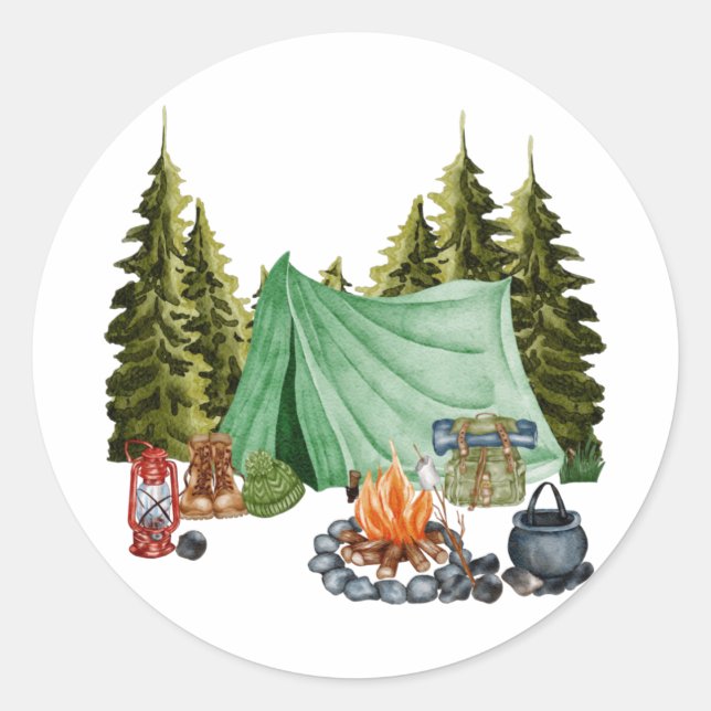 Cute Camping Theme Campfire, Tent, Forest Classic Round Sticker (Front)