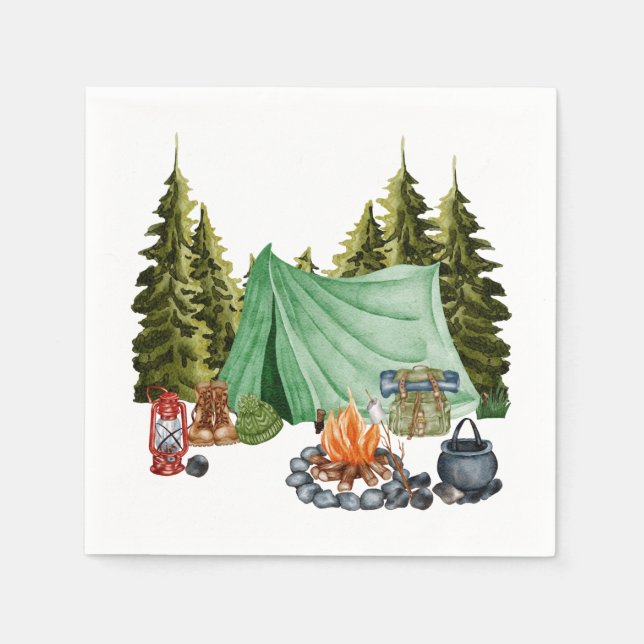 Cute Camping Theme Campfire, Tent, Forest Napkin (Front)