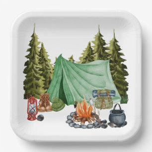 Cute Camping Theme Campfire, Tent, Forest Paper Plate
