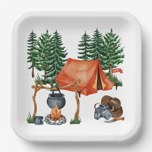 Cute Camping Theme Campfire, Tent, Forest Paper Plate (Front)