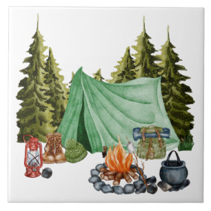 Cute Camping Theme Campfire, Tent, Forest Tile