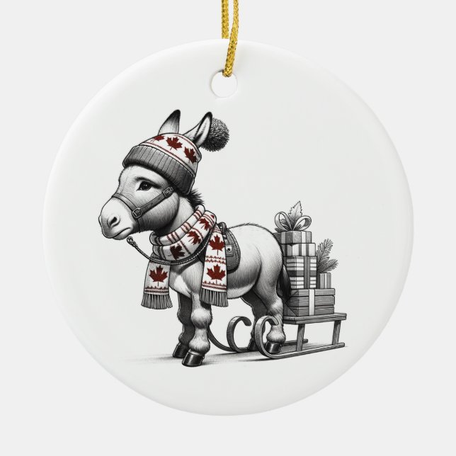 Cute Canadian Christmas Donkey Ceramic Tree Decoration (Front)
