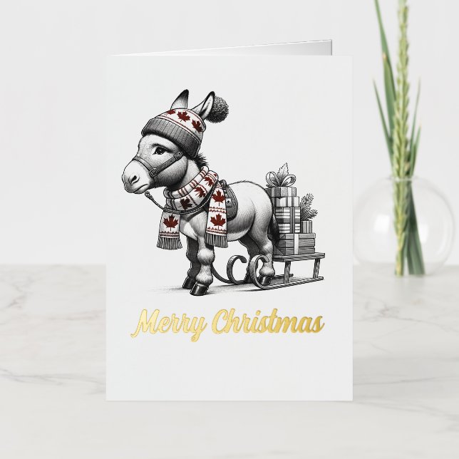 Cute Canadian Christmas Donkey Foil Greeting Card (Front)