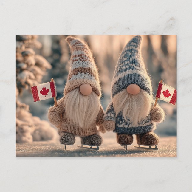 Cute Canadian Gnomes Ice Skating in Snowy Winter  Holiday Postcard (Front)