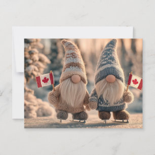 Cute Canadian Gnomes Ice Skating in Snowy Winter Postcard