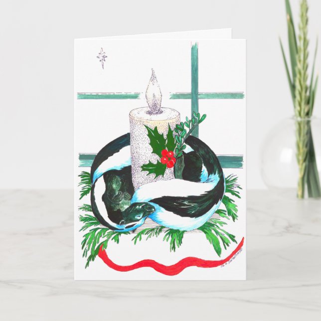 Cute Candle and Skunk Wildlife Christmas Card (Front)
