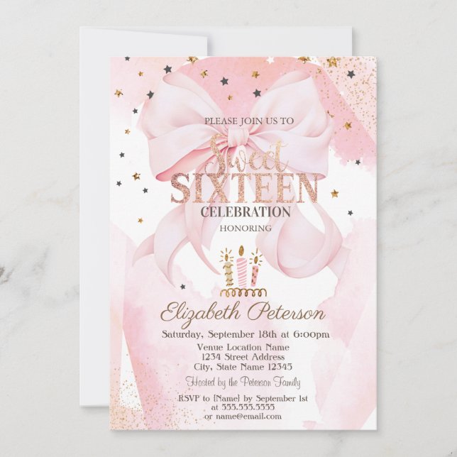 Cute Candles Stars Pink Bow Sweet 16  Invitation (Front)