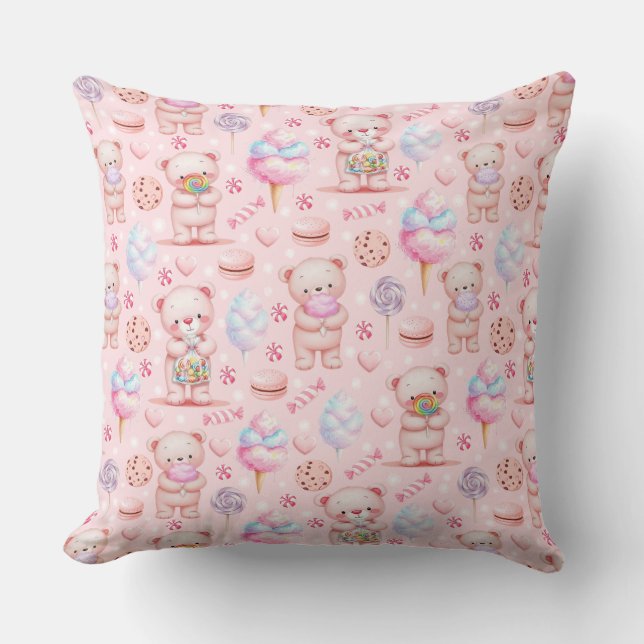 Cute Candy Bear and Sweets Seamless Pattern Cushion (Front)