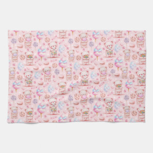 Cute Candy Bear and Sweets Seamless Pattern Tea Towel