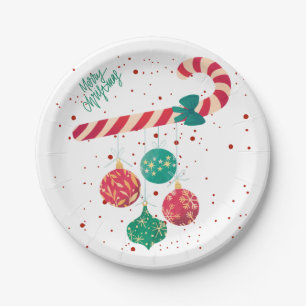 Cute Candy Cane and Christmas Ornaments Holiday Paper Plate