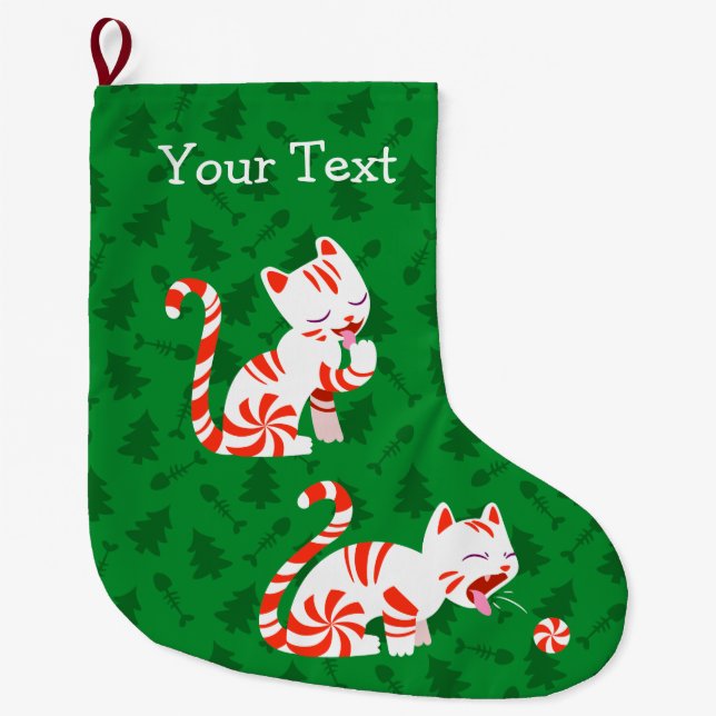 Cute Candy Cane Cat Large Christmas Stocking (Front)