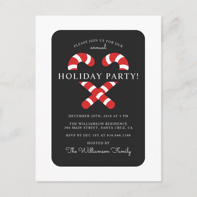 Cute Candy Cane Christmas Holiday Party Invitation Postcard (Front)