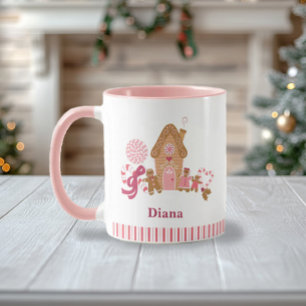 Cute Candy Cane Gingerbread House Pink White Mug