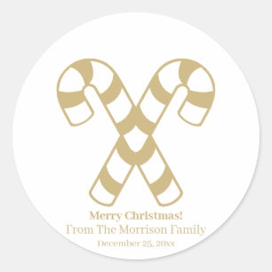 Cute candy cane gold white personalised Christmas Classic Round Sticker
