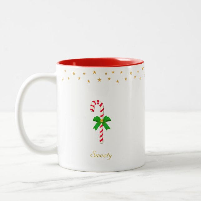 Cute candy cane, golden stars & editable text Two-Tone coffee mug (Left)