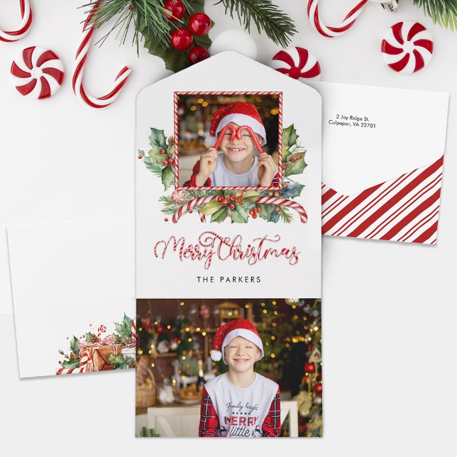 Cute Candy Cane Merry Christmas Floral Photo All In One Invitation (Creator Uploaded)