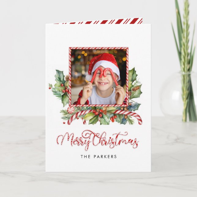 Cute Candy Cane Merry Christmas Floral Photo Holiday Card (Front)