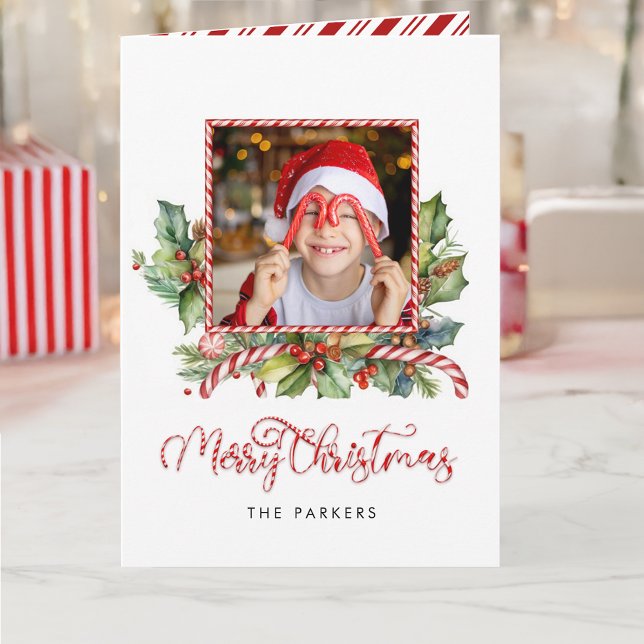 Cute Candy Cane Merry Christmas Floral Photo Holiday Card (Creator Uploaded)