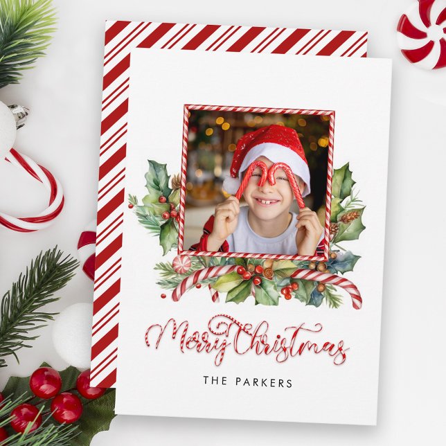 Cute Candy Cane Merry Christmas Floral Photo Holiday Card (Creator Uploaded)