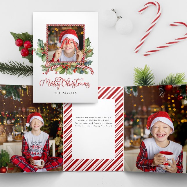 Cute Candy Cane Merry Christmas Floral Photo Tri-Fold Card (Creator Uploaded)