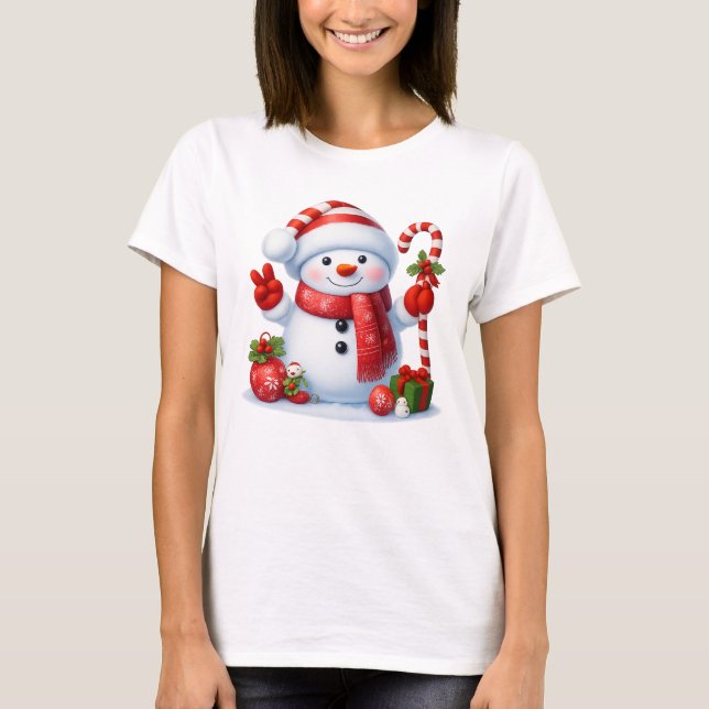 Cute Candy Cane Snowman Merry Christmas  T-Shirt (Front)