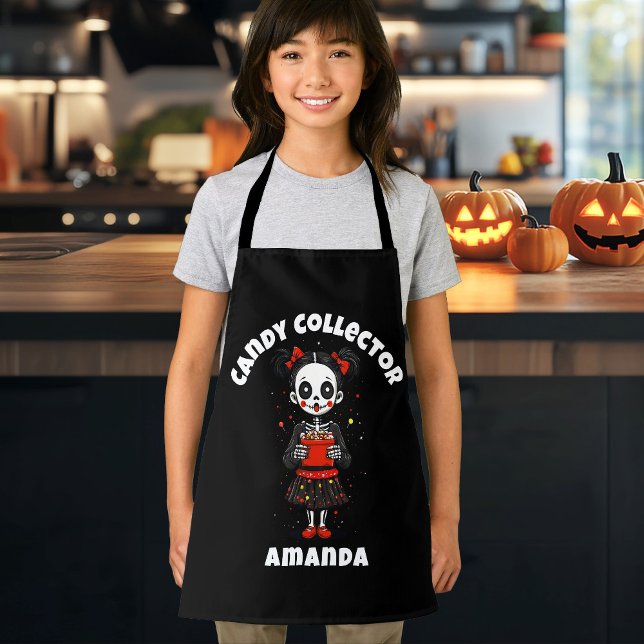 Cute Candy Collector Skeleton Kids Halloween Apron (Cute Candy Collector Skeleton Girls Halloween Apron)