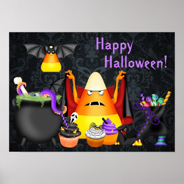 Cute Candy Corn and Spooky Treats Happy Halloween Poster (Front)