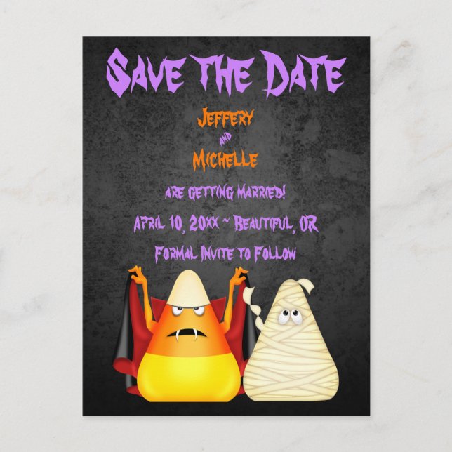 Cute Candy Corn Halloween Wedding Save the Date Announcement Postcard (Front)
