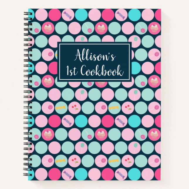 Cute Candy Cupcakes Dots Pattern 1st Cookbook Notebook (Front)