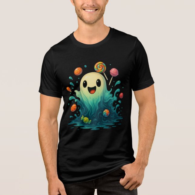 Cute Candy Ghost Halloween Illustration Tri-Blend Shirt (Front)