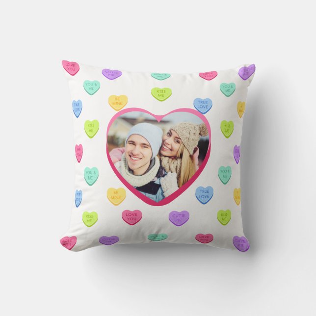 Cute Candy Hearts Couple Photo Throw Pillow (Front)