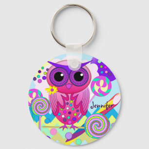 Cute Candy Owl, Lollipops & Custom Name Keychain