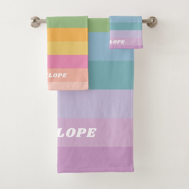 Cute Candy Pastel Rainbow Stripes Personalised  Bath Towel Set (Insitu)