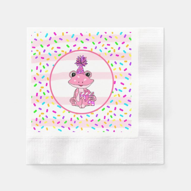 Cute Candy Sprinkles and pink Frog Birthday Napkin (Front)