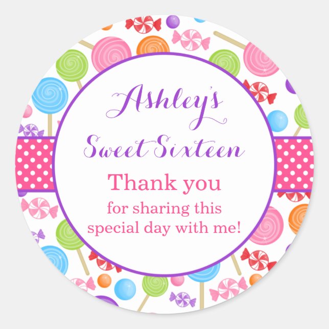 Cute Candy Sweet 16 Birthday Party Favour Classic Round Sticker (Front)
