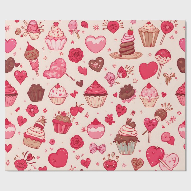 Cute Candy & Sweets Valentine Seamless Pattern  Wrapping Paper (Flat)
