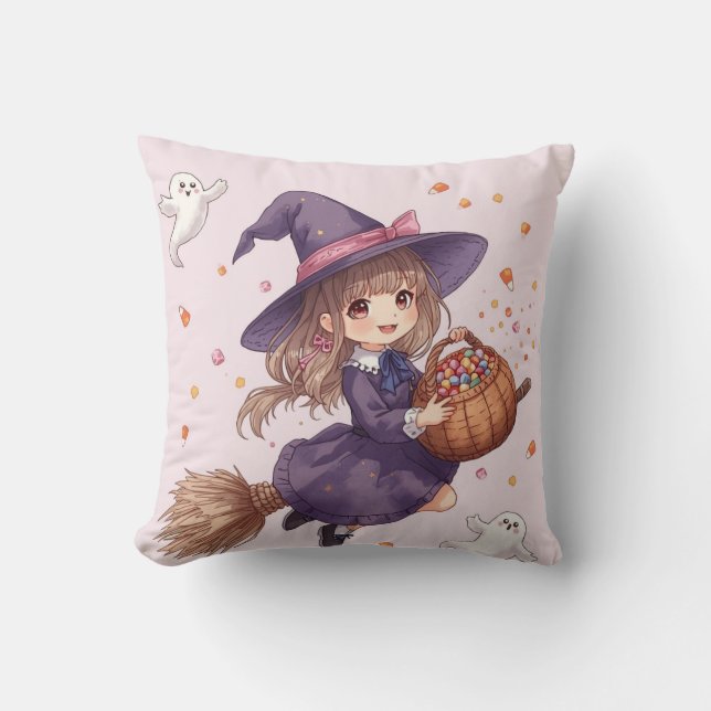 Cute Candy Witch Halloween Pillow (Front)