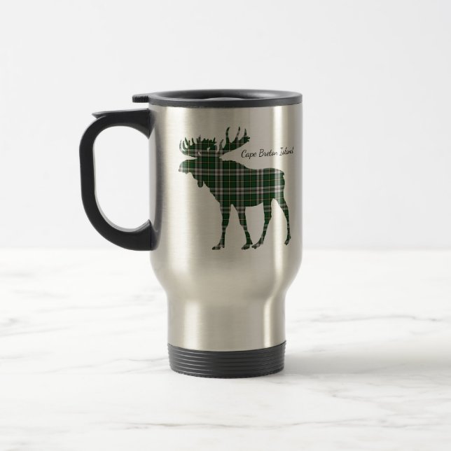 Cute Cape Breton Island moose tartan travel mug (Left)