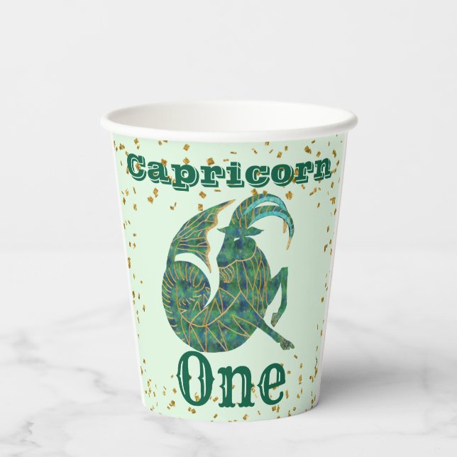Cute Capricorn First Birthday & Gold Confetti  Paper Cups (Back)