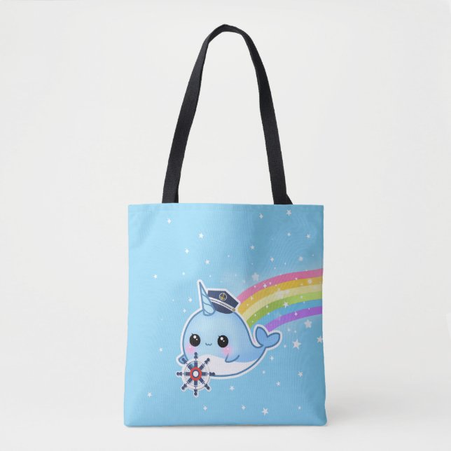 Cute captain narwhal with rainbow tote bag (Front)