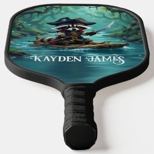 Cute Captain Racoon Rafting Down the River Pickleball Paddle