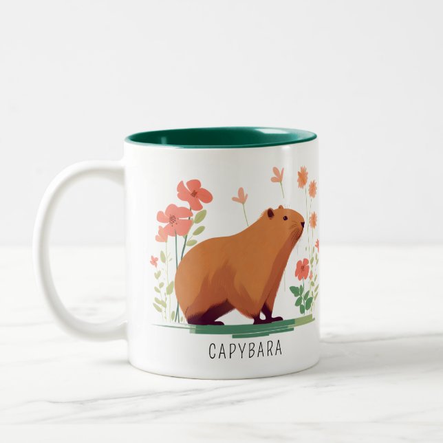 Cute Capybara and Flowers Two-Tone Coffee Mug (Left)