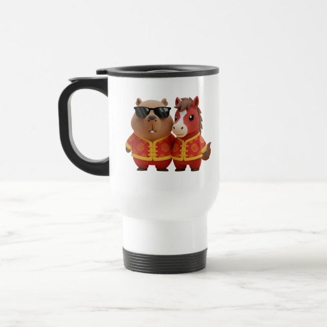 Cute Capybara and Horse Friends Chinese New Year Travel Mug (Left)