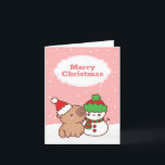 Cute Capybara And Snowman Christmas Holiday Card<br><div class="desc">Make someone's holiday season merry and bright with our Cute Capybara and Snowman Holiday Card. This adorable card features a capybara donning a Santa hat and a smiling snowman in a winter costume, surrounded by a whimsical white and pink snow background. Share the joy of Christmas with this cute and...</div>