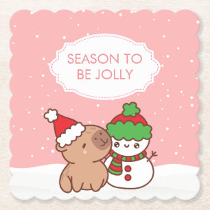 Cute Capybara And Snowman Season To Be Jolly Paper Coaster